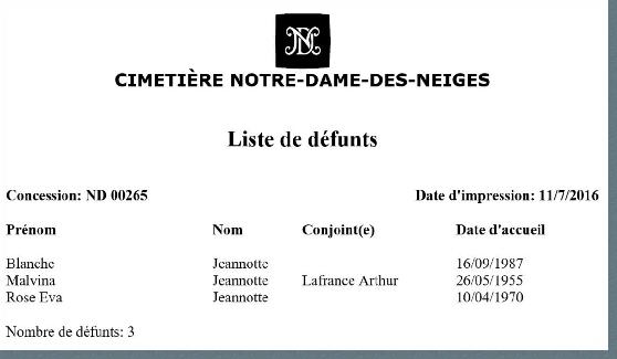 J1 - Cimetière CDN - Jeannotte, Malvina - Liste des défunts